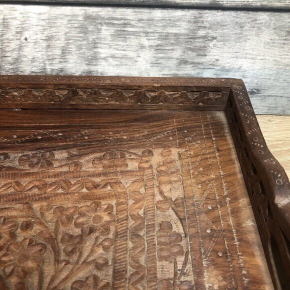 Vintage 1970’s Hand Carved Wooden Embossed Made In India Tray With Handles (ts) - Picture 3 of 9